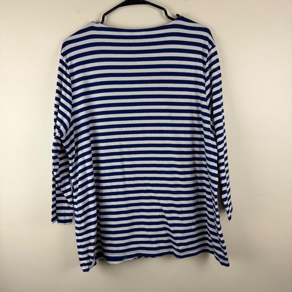 Chico’s 3 (XL) Women’s Blue White Striped Top 3/4 Sleeve Layered Asymmetrical - Picture 2 of 7